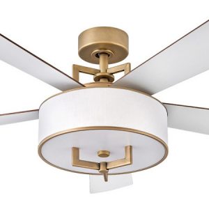 Hampton Collection 56” 5-Blade Ceiling Fan in Heritage Brass with Off-White Linen Drum Shade Hinkley 903056FHB-LID