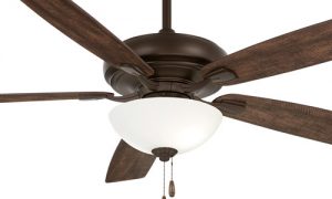 Watt II Collection 60” 5-Blade Ceiling Fan in Oil Rubbed Bronze with Rustic Wood Blades and Frosted White Glass LED Light Minka F552L-ORB