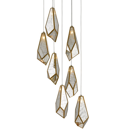 Glace Collection 7-Light Pendant in Painted Silver and Antique Brass with Raj Mirror Faceted Shades Currey & Co. 90-00-0704