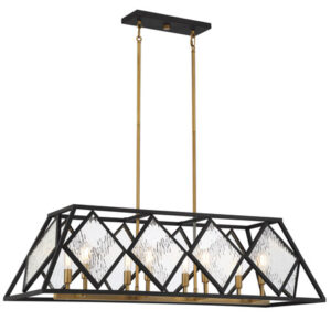 Capella Collection 8-Light Linear Chandelier in English Bronze and Warm Brass with Clear Water Glass Panels Savoy 1-5404-8-79