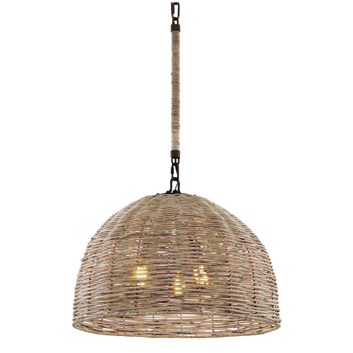 Huxley Collection 5-Light Pendant in Tidepool Bronze with Faux Rattan Shade and Cord Troy Lighting F6903
