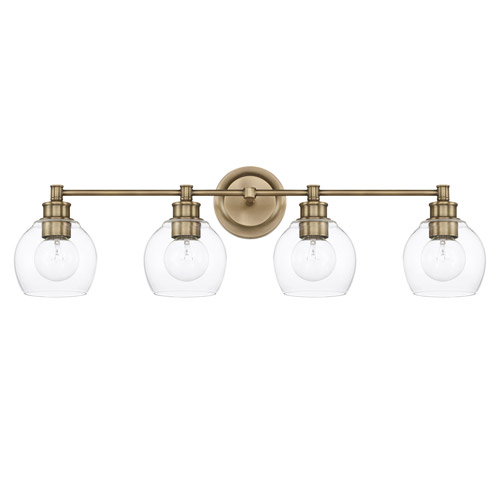 Mid Century Collection 4-Light Bath Vanity in Aged Brass with Rounded Open End Clear Glass Globes Capital Lighting 121141AD-426