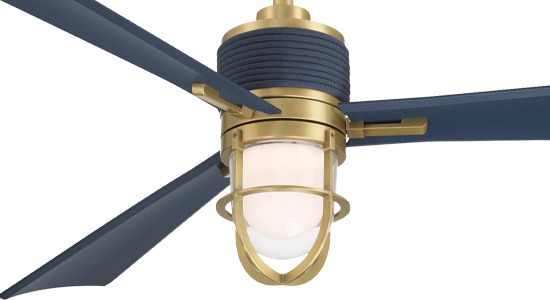65” nauticus 3-Blade LED Ceiling Fan in Legacy Brass with Navy Blue Blades and Clear Glass Shade